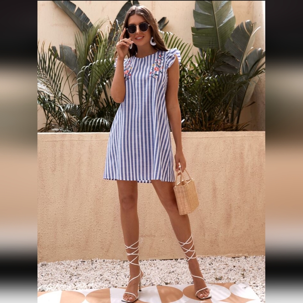 SHEIN VCAY Floral Striped Dress with Ruched Armhole Embroidery - Size S
